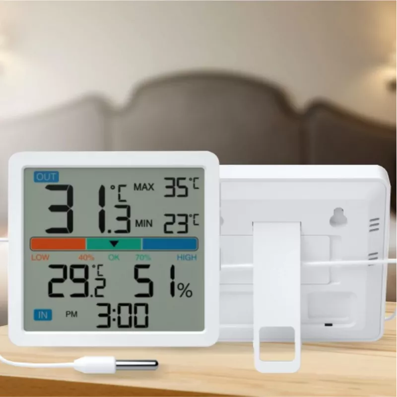 Termometrs‑higrometrs MANTA MTO002W ar ārējo sensoru (150 cm), iekštelpu 0–+50°C, ārtelpu -40–+70°C, mitrums 20–95% RH, komforta indikators, pulkstenis