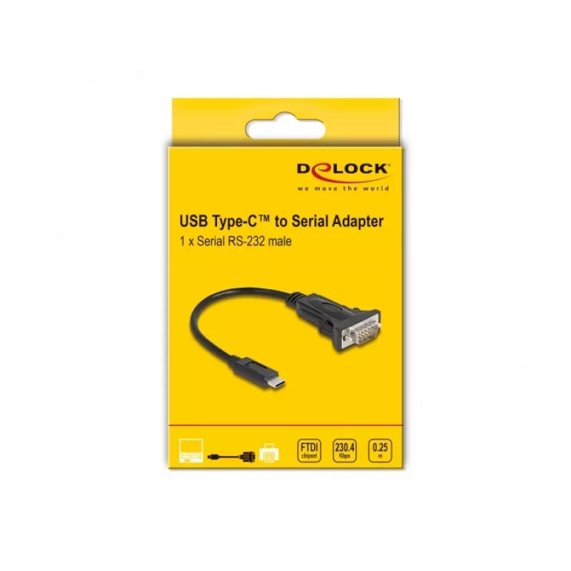 DeLOCK adapteris USB Type-C uz RS-232 D-Sub 9 kontaktu, vīrišķais, 0,25 m