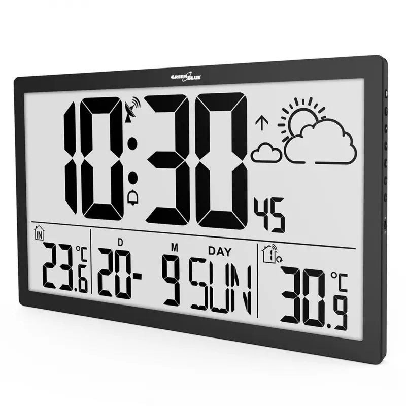 Sienas pulkstenis GreenBlue GB218 — īpaši liels LCD, laika apstākļu stacija, iekštelpu/āra temperatūras, datuma displejs