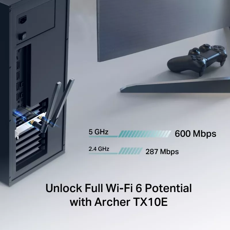 Wi-Fi 6 Bluetooth PCIe adapteris TP‑LINK Archer TX10E AX900 — PCIe karte, AX900 Wi‑Fi 6, Bluetooth