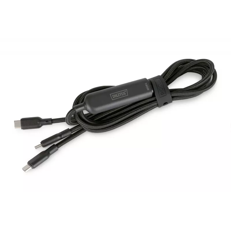 DIGITUS USB-C 2-in-1 uzlādes kabelis 140 W, USB-C uz 2×USB-C, 1,8 m, USB 2.0, melns