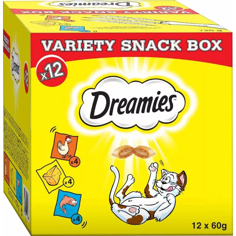 Cat treats Dreamies Cheese, Chicken, Salmon sortiments 12×60 g — meaty solid snacks, Protein 31%, Fat 21%