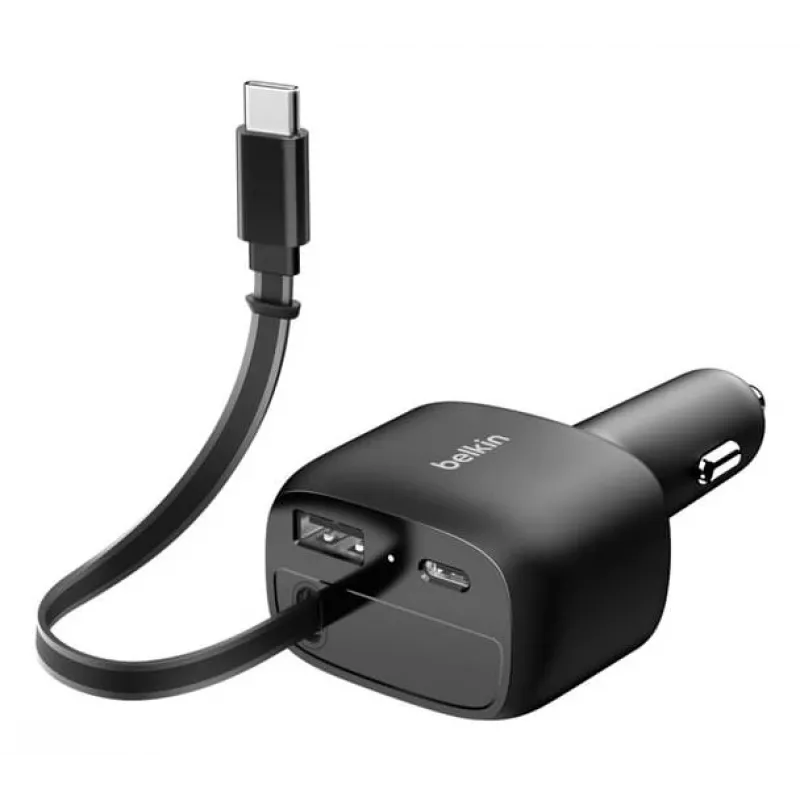 Belkin 75 W 2 portu ar izvelkamo USB-C kabeli automašīnas lādētājs — Kabelis (CCC001HQBK)