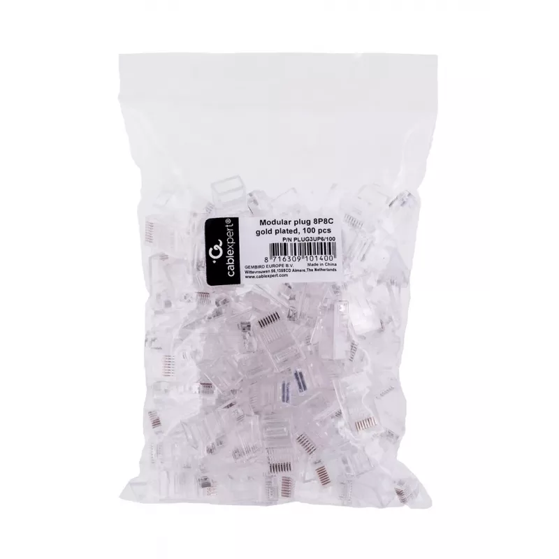 RJ45 spraudnis GEMBIRD PLUG3UP6/100, Cat5, taisns vīrišķais, caurspīdīgs, apzeltīti kontakti, iepakojumā 100