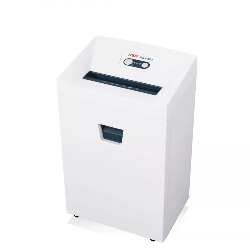 HSM Pure 420 dokumentu smalcinātājs — daļiņu griezums P-4, 24 cm darba platums, 15 lapu ietilpība, 35 L tvertne, balts