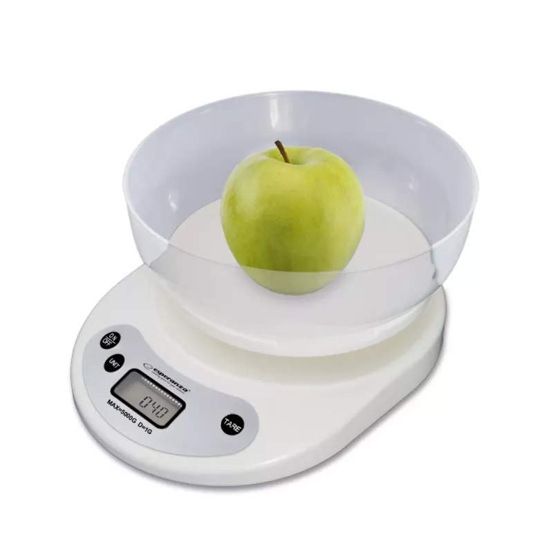 Elektroniskie virtuves svari ESPERANZA EKS007 — 5 kg ietilpība, 1 g precizitāte, balta