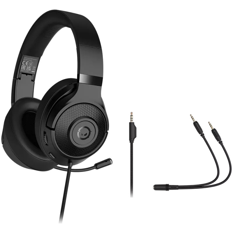 LORGAR Noah 101, Gaming austiņas ar mikrofonu, 3,5 mm ligzdas savienojums, kabeļa garums 2 m, salokāms dizains, PU ādas ausu spilventiņi, izmērs: 185*195*80 mm, 0,245 kg, melns