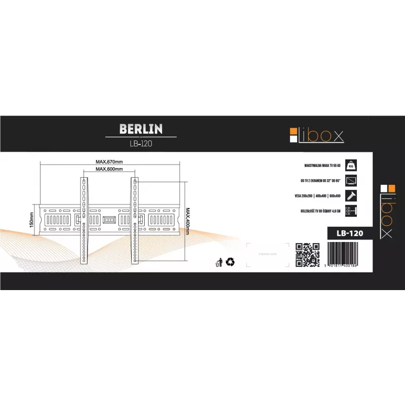 Sienas TV stiprinājums LIBOX LB-120 32–85 collu (81,3 cm–2,16 m), līdz 55 kg, VESA 200x200–600x400, slīpums, tērauds, melns