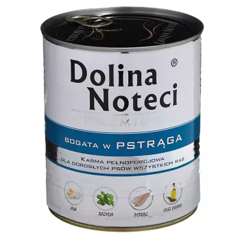 Mitrā suņu barība Dolina Noteci Trout Adult 800 g — bez graudiem, 12% olbaltumvielu, 6% tauku