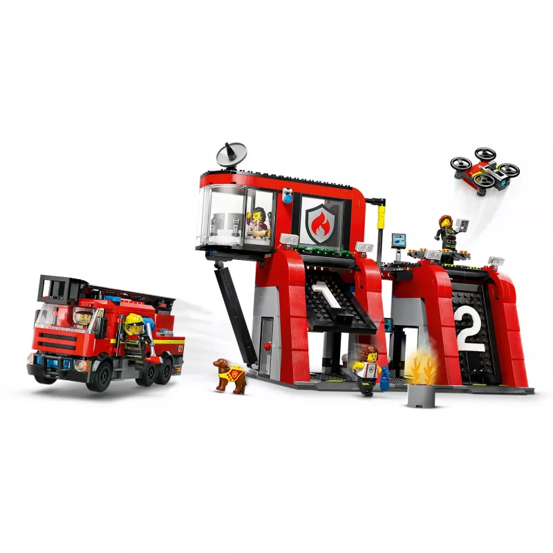 Konstrukciju rotaļlieta LEGO City Ugunsdzēsēju stacija ar grozāmo kāpņu transportlīdzekli 60414 — 843 detaļas, 5 minifigūras, 220×320×140 mm