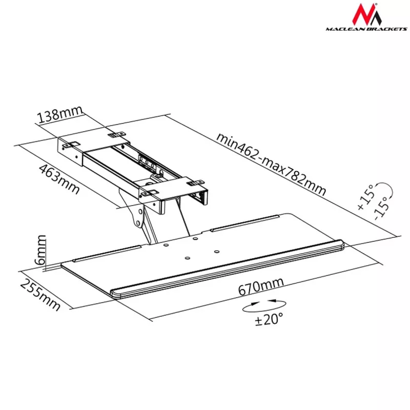 Maclean MC-757 tastatūras un peles paliktnis galdam, 67 cm virsma