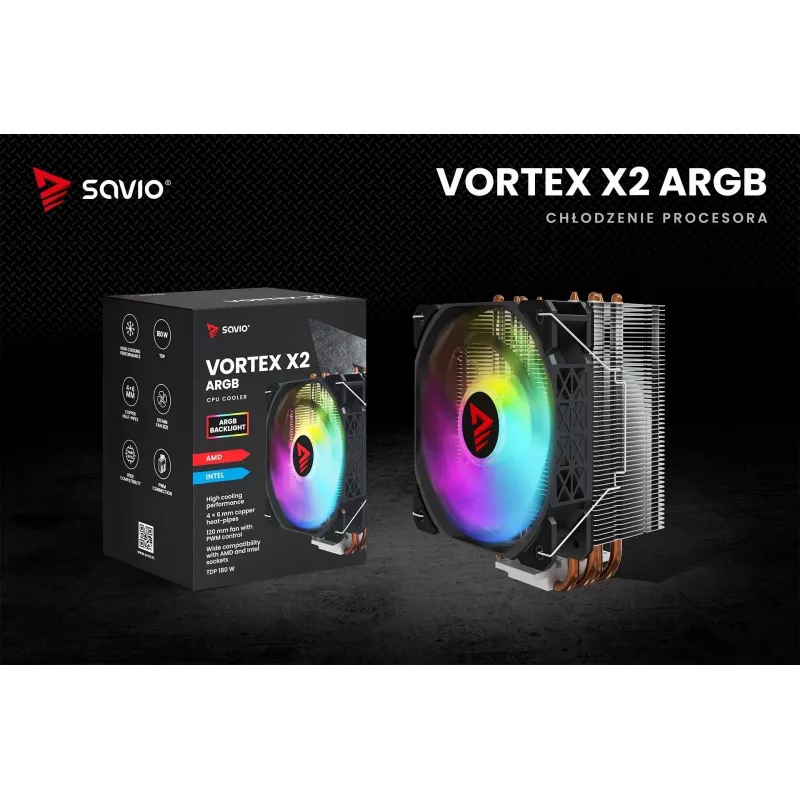 CPU dzesētājs SAVIO SAVGCOVORTEXX2ARGB ar 4 siltuma caurulēm, 120 mm ARGB ventilatoru, melns