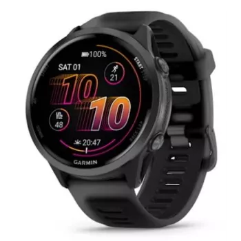 Viedpulkstenis GARMIN Forerunner 570 — 47 mm šīfera pelēks alumīnija korpuss, caurspīdīga melna silikona siksniņa