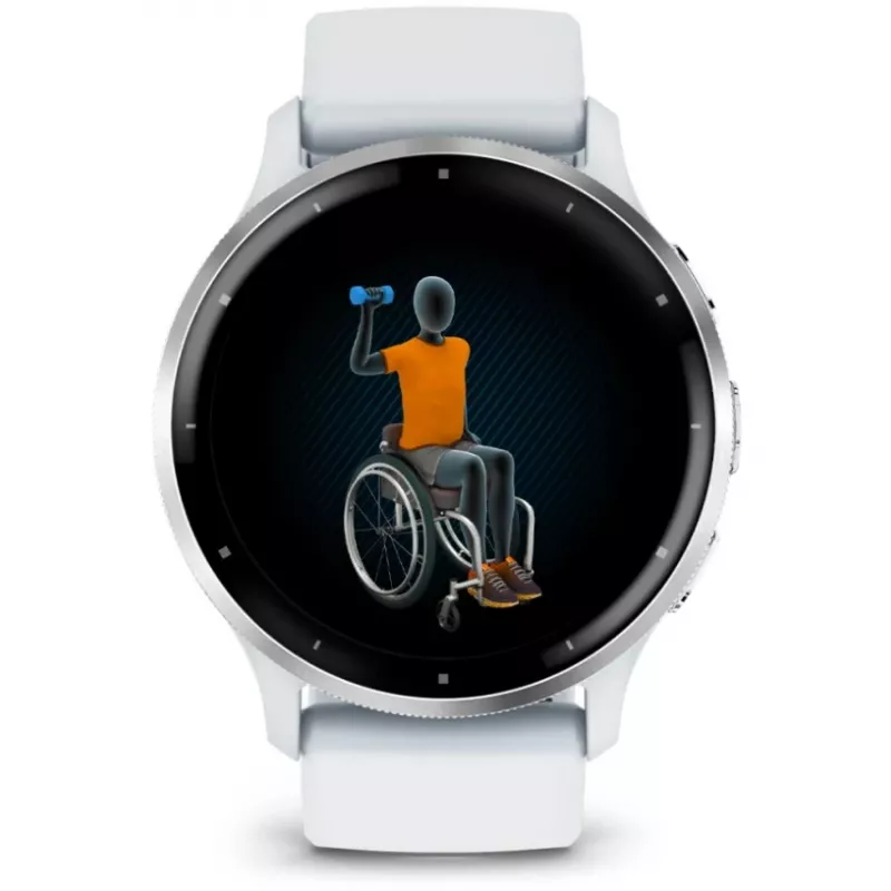 Viedpulkstenis GARMIN Venu 3 — 1,4 collu AMOLED, 45 mm korpuss, GPS, Wi‑Fi, 8 GB, Sudraba/Balts, silikona siksna