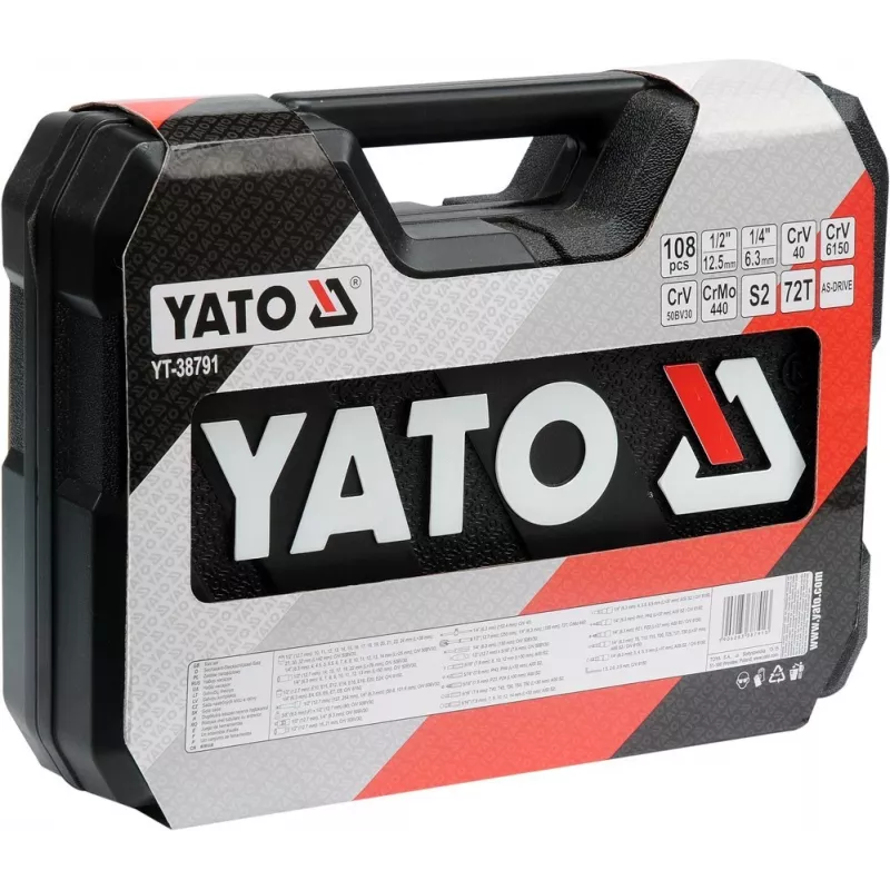Uzgriežņu atslēgu komplekts YATO YT-38791 — 108 gab., 1/2 collas piedziņa, ietver atslēgu, melns futrālis