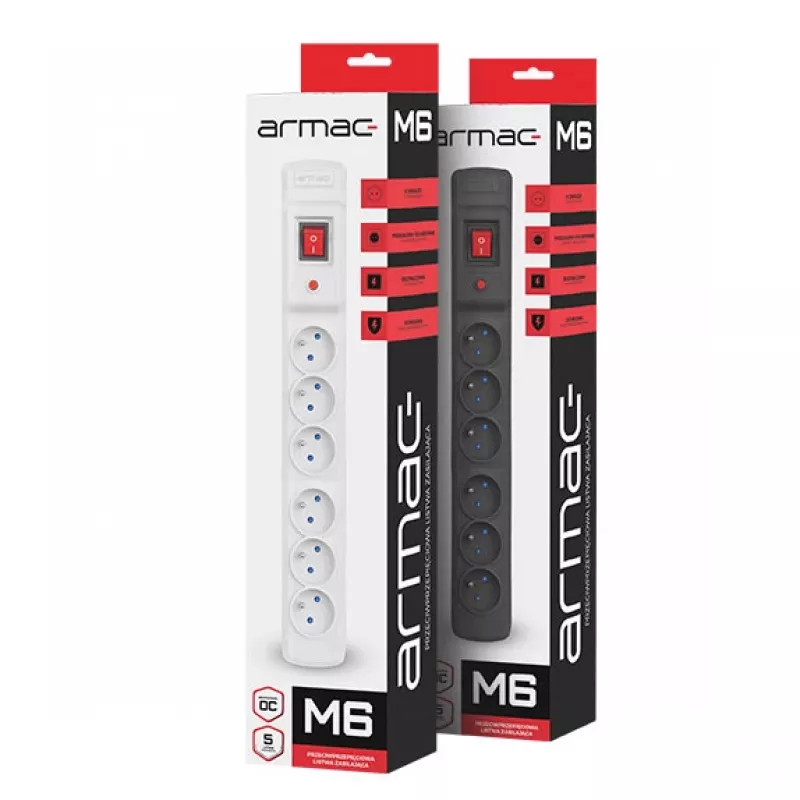 Pagarinātājs ARMAC M6 — 6 rozetes, 1,5 m kabelis, melns