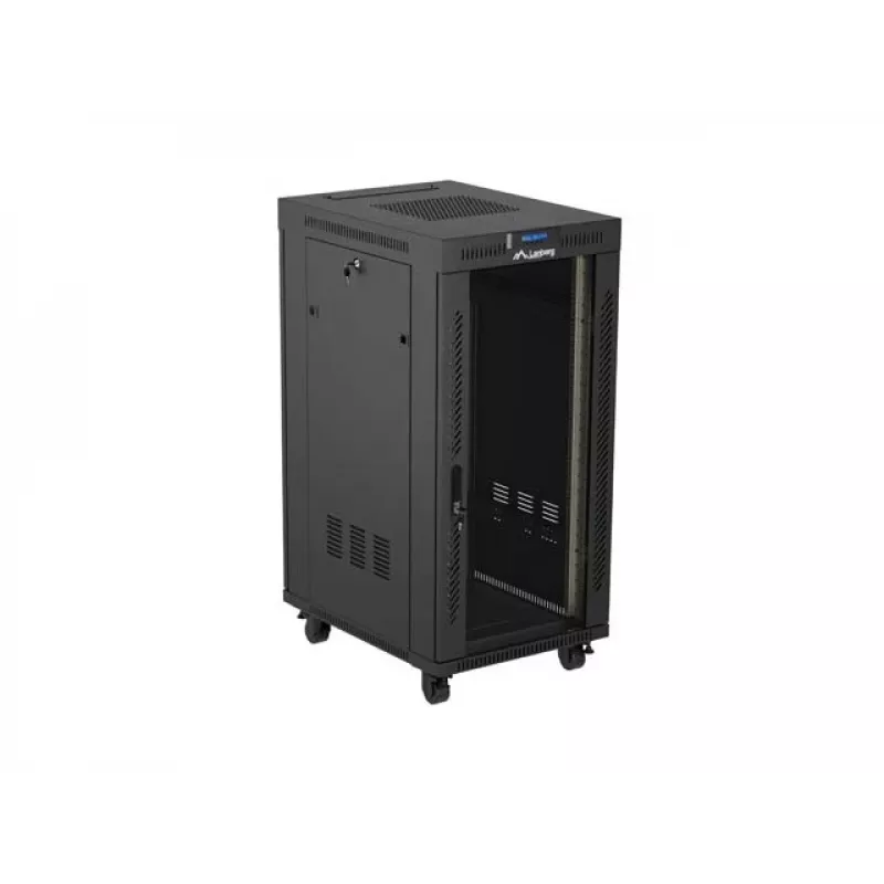 Tīkla statīva skapis LANBERG 19 collu 24U 600x800 mm melns ar stikla durvīm un LCD izgriezumu (plakanais iepakojums) v2