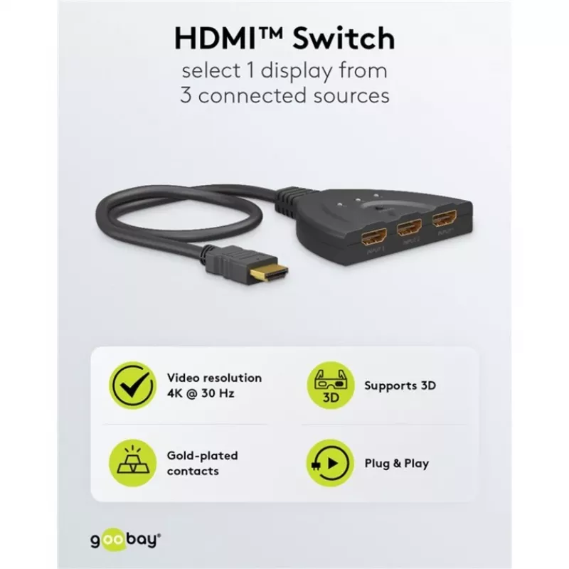 Goobay | HDMI pārslēdzējs 3 pret 1 (4K @ 30 Hz) | 58487 | Melns | HDMI ligzda | 3 HDMI ligzdas | 0,58 m