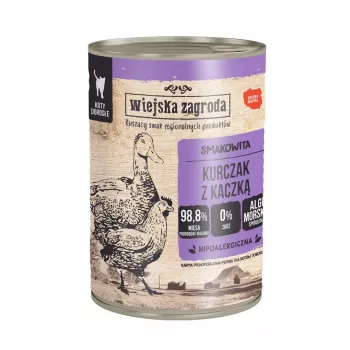 Mitrā kaķu barība wiejskazagroda Vistas gaļa ar pīli 400 g — pieaugušiem kaķiem, bez lipekļa, 78,7% mitrums