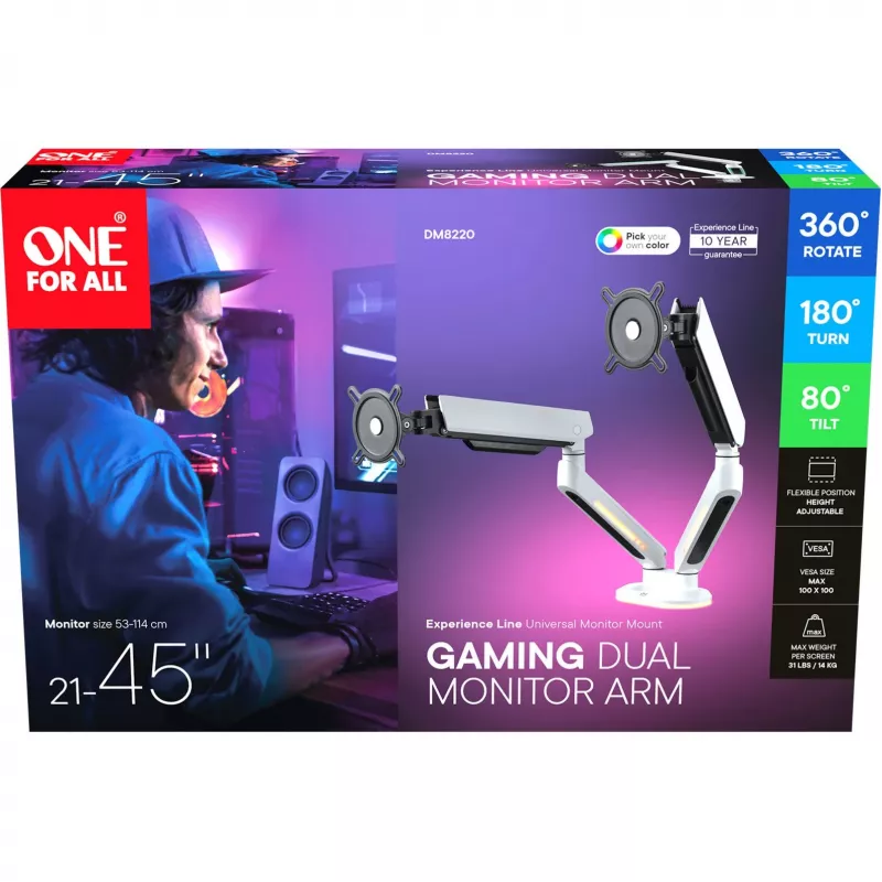Universāls spēļu divu monitoru kronšteins (DM8220), monitora stiprinājums balts, RGB