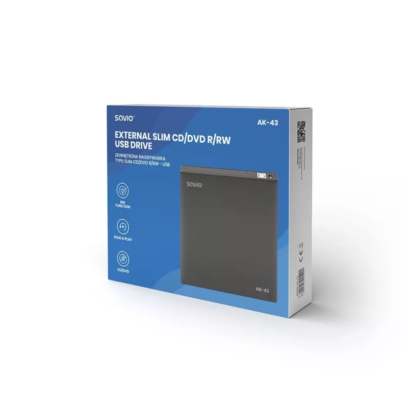 Ārējais plāns DVD±RW diskdzinis SAVIO AK-43, USB 2.0, melns, atbalsta CD/DVD lasīšanu/rakstīšanu (24x CD, 8x DVD)