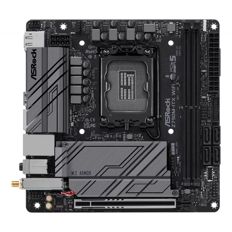 Mātesplate ASRock Z790M-ITX WiFi — Intel Z790, LGA 1700, mini ITX, DDR5, 2x DIMM, 64 GB, 2,5 Gb LAN, Wi‑Fi 6E