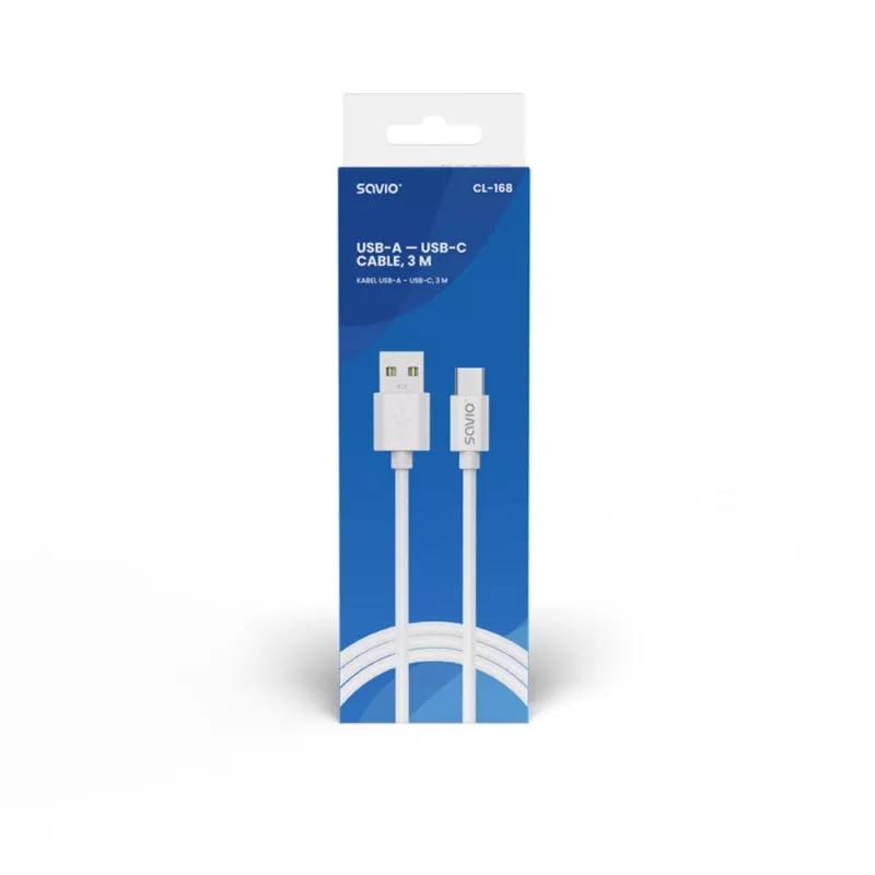 USB 2.0 kabelis SAVIO CL-168, USB A (vīrišķais) uz USB C (vīrišķais), 3 m, balts