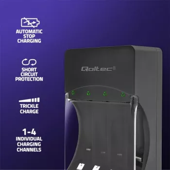 Akumulatoru lādētājs QOLTEC 50653 Ni‑MH AAA (R03) un AA (R6) uzlādējamām baterijām, ieeja 220–240 V, izeja 1,2 V