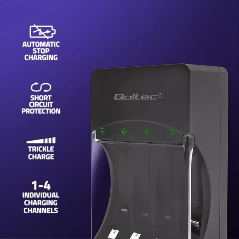 Akumulatoru lādētājs QOLTEC 50653 Ni‑MH AAA (R03) un AA (R6) uzlādējamām baterijām, ieeja 220–240 V, izeja 1,2 V
