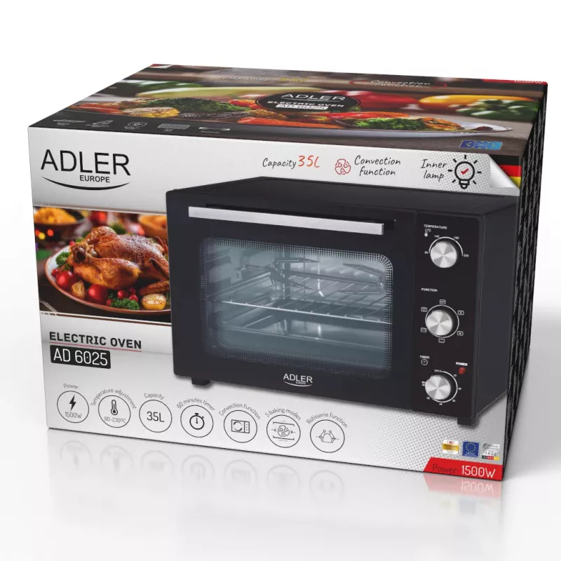 Elektriskā cepeškrāsns Adler AD 6025 — 35 L ietilpība, 1500 W, melna