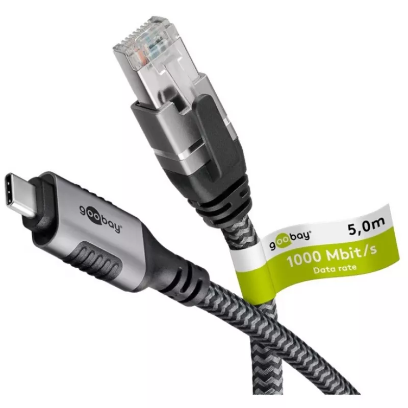 Ethernet kabelis USB-C 3.2 Gen2 spraudnis > RJ-45 spraudnis (melns/sudraba, 5 metri, pīts tekstila apvalks)