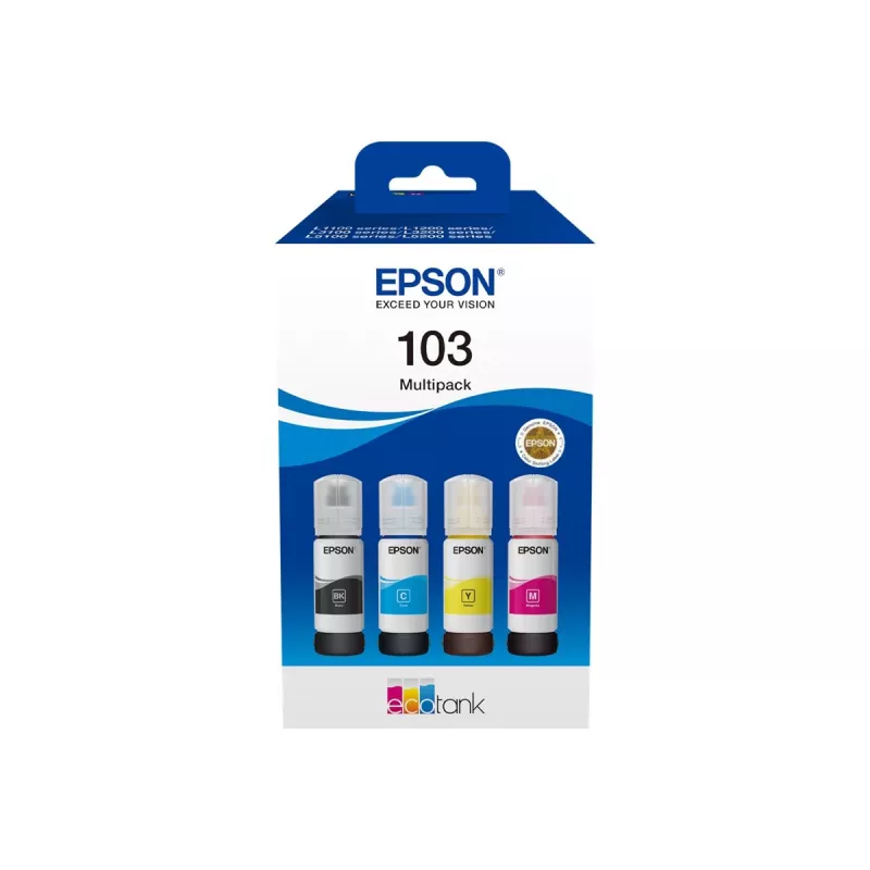 Tintes kasetņu komplekts Epson EcoTank 103 — Oriģināls 4 krāsu komplekts (melna, ciāna, fuksīna, dzeltena), melna 4500 lpp., krāsaina 7500 lpp.