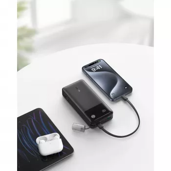 PowerBank ar USB-C kabeli 20000 mAh 30W Melns