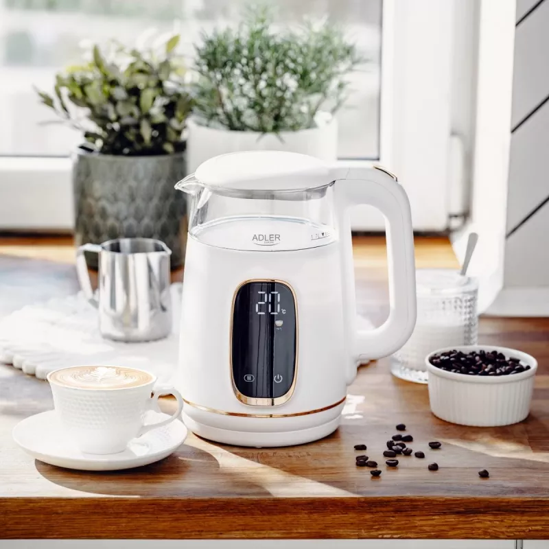 Elektriskā tējkanna Adler AD 1305WG — 1,7 l, 2200 W, stikls/plastmasa, balts/zelta/caurspīdīgs