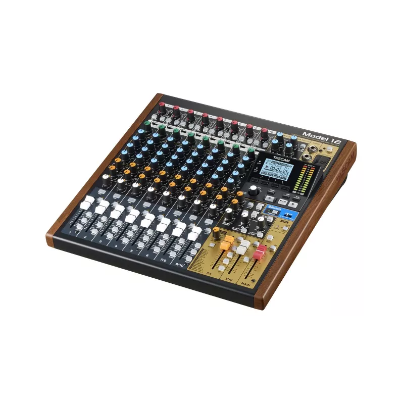 Mikseris Tascam Model 12 — 12 kanālu analogais/ciparu mikseris, 24 bitu, 48 kHz, USB‑C, SD karte, Bluetooth 5.0