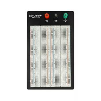 Breadboard DELOCK 18314 — lodēšanai nepiemērots prototipēšanas dēlis, metāls/plastmasa, 109×165×1 mm, melns/baltss