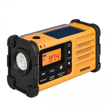 Portable emergency radio Sangean MMR-88 (USB-C) dzeltena — crank, solar, baterija, AM/FM, weather alert