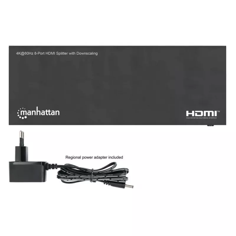 Manhattan 4K@60Hz 8 portu HDMI sadalītājs ar pazeminātu izšķirtspēju, sadala vienu HDMI ieeju astoņās HDMI izejās (1x8), 18G, EDID pārslēgs izšķirtspējas pazemināšanai, melns
