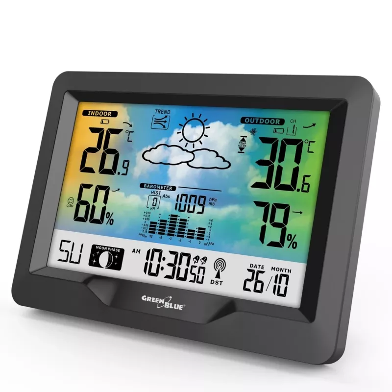 Hygrometer Thermometer GreenBlue GB540 — indoor 0–50°C / outdoor -20–65°C, DCF pulkstenis, āra sensors 60 m, melns