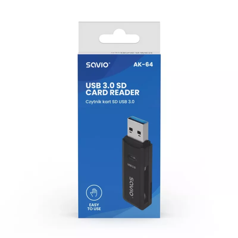 Karšu lasītājs SAVIO AK-64 USB 3.2 Gen 1 Type-A izeja, MicroSD slots, 5000 Mbit/s, melns