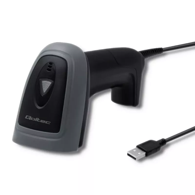 Rokas svītrkodu lasītājs QOLTEC 50863 — 1D/2D skeneris, USB vadu savienojums, LED sensors, melns, 5V, 1,8 m kabelis