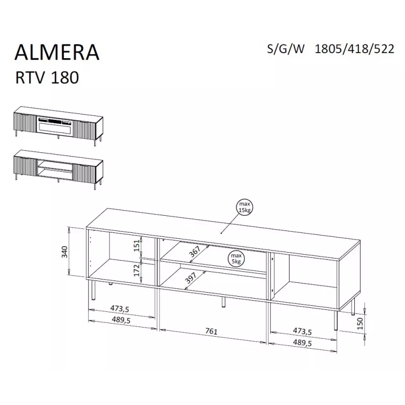TV skapis Cama Meble ALMERA 180,5×42×52,5 cm valrieksts/kašmirs ar melnu kamīnu