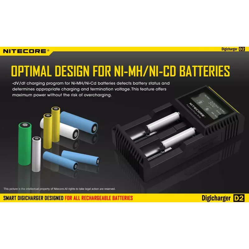 Bateriju lādētājs Nitecore D2 — 2 slotu lādētājs AA/AAA/AAAA/C baterijām, 100–240 V ieeja, 4,2 V izeja, melns
