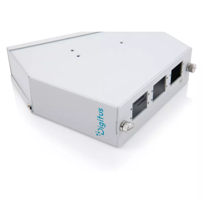 DIN sliedes optiskās šķiedras savienojuma sadalītājs DIGITUS DN-96893 — leņķveida, 6 SC DX / LC Quad, alumīnijs, pelēks