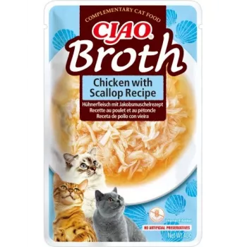 Mitrā kaķu našķa INABA Ciao Broth Chicken & Scallop 40 g paciņa, šķidrs gaļīgs maisiņš, 88% mitrums, 9,4% olbaltumvielas