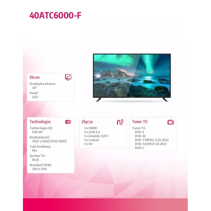 Allview 40ATC6000-F 40 (101 cm) Full HD televizors Allview 40ATC6000-F 40 (101 cm) N/A FHD 1920 x 1080 DVB-C, DVB-T/T2, DVB-S/S2 Melns