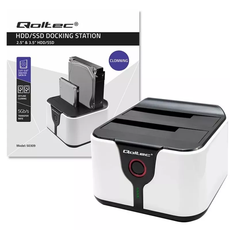 Qoltec 50309 HDD SSD 2.5 3.5 dokstacija | SATA III | USB 3.0 | Super ātrums 5Gb/s | ar klonēšanas funkciju