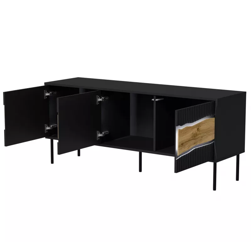 TV skapis cama meble INSERTO 3D 143,5x40x61,5 cm melns ar LED, skaidu plātnes augšdaļa