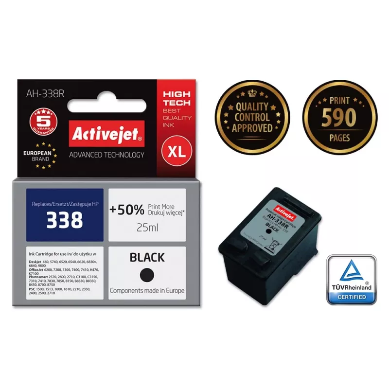Tintes kasetne ActiveJet AH-338R saderīga ar HP 338 C8765EE, melna pigmenta 25 ml, augstas (XL) ietilpības, viens iepakojums