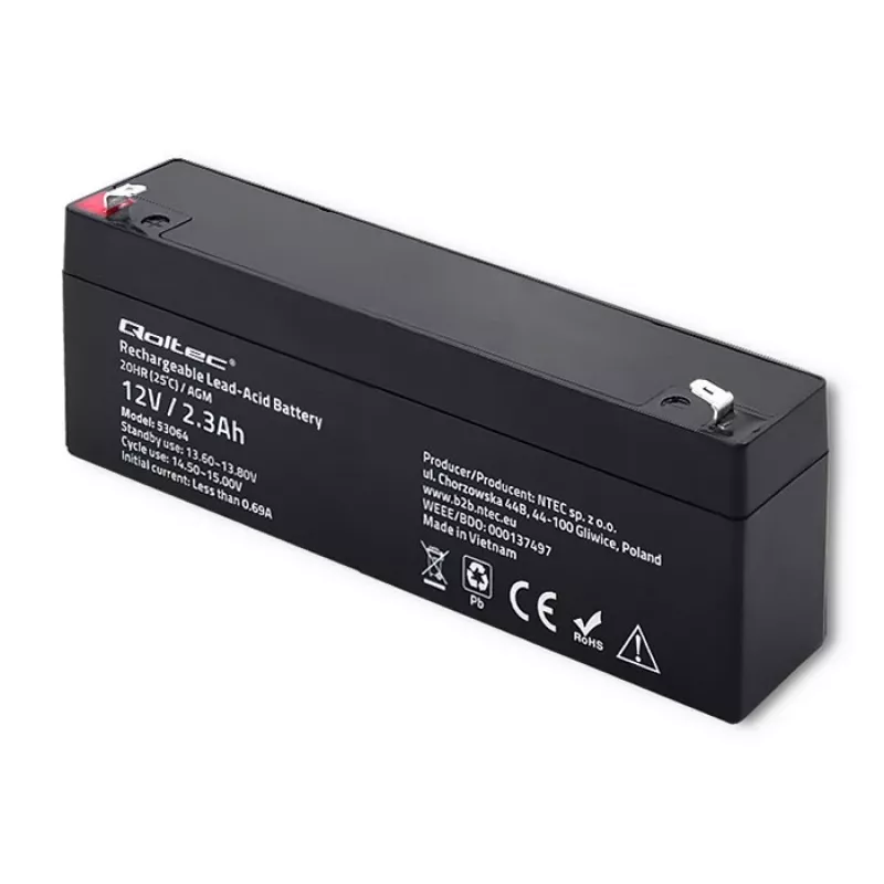 Hermētiska AGM baterija QOLTEC 12V 2.3Ah UPS un rezerves sistēmām, maksimālā izlāde 34.5A